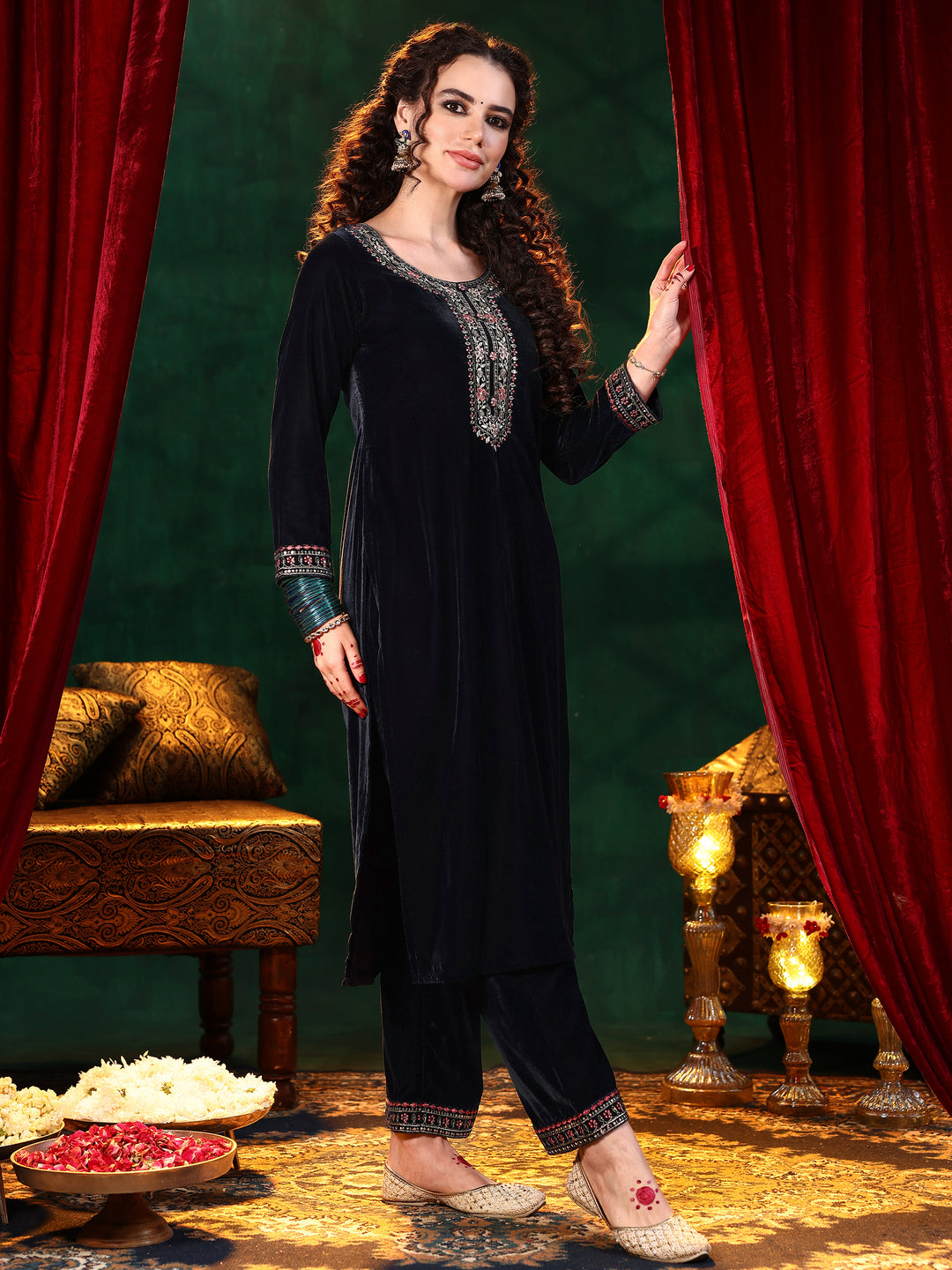 Blue Yoke Design Velvet Straight Suit With Dupatta