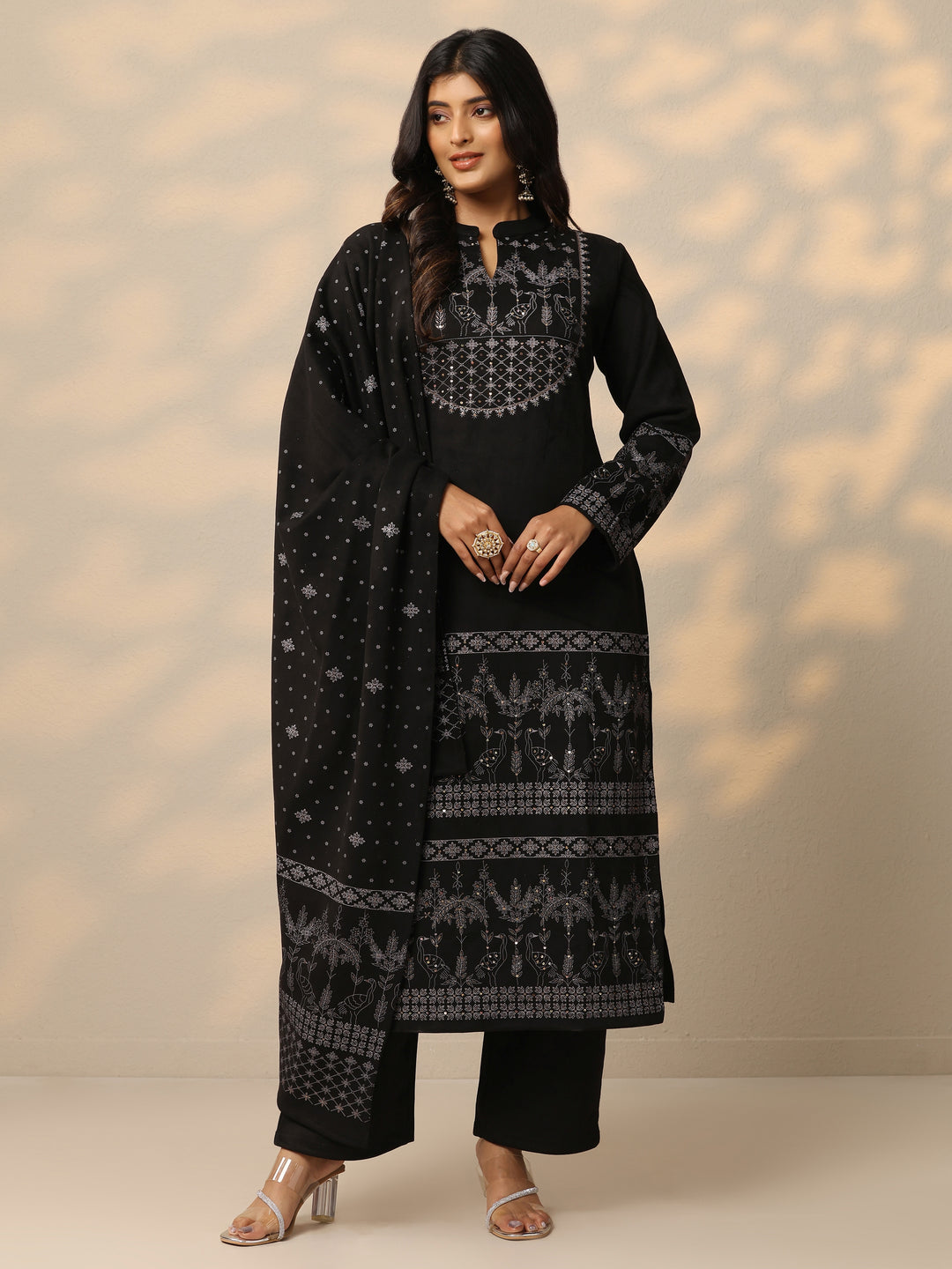 Black Printed Wool Blend Straight Suit With Dupatta