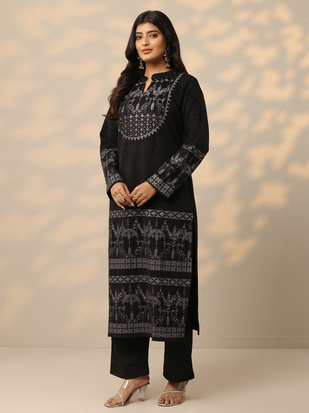 Black Printed Wool Blend Straight Suit With Dupatta