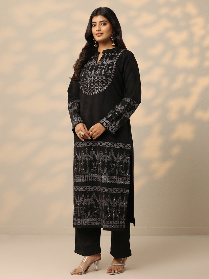 Black Printed Wool Blend Straight Suit With Dupatta
