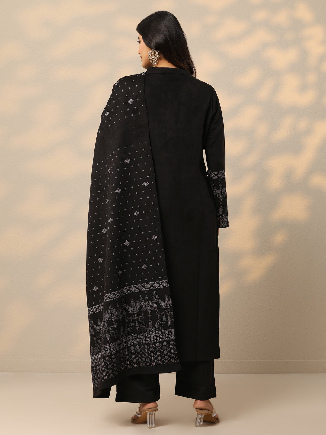 Black Printed Wool Blend Straight Suit With Dupatta