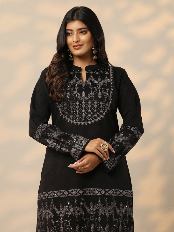 Black Printed Wool Blend Straight Suit With Dupatta