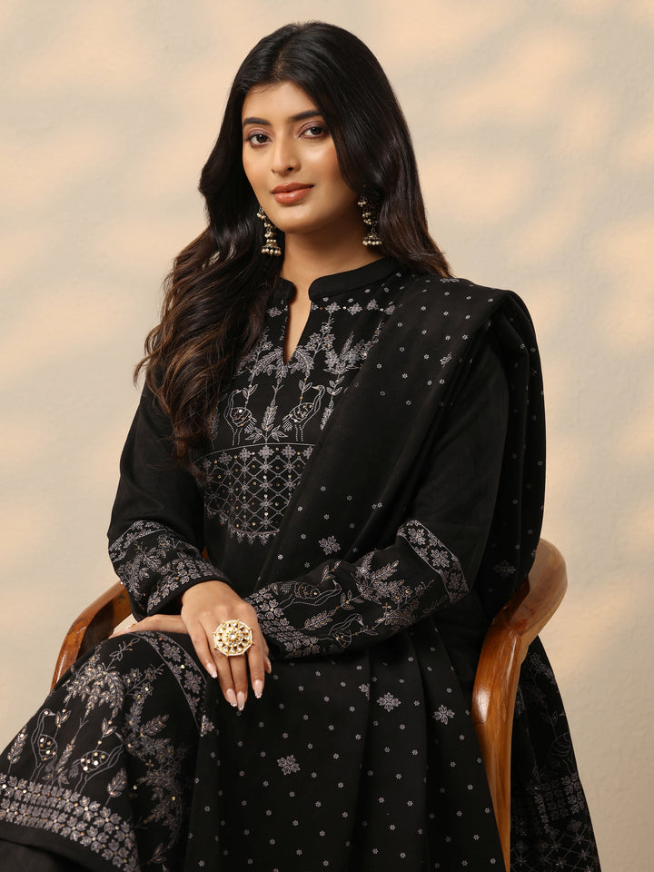 Black Printed Wool Blend Straight Suit With Dupatta
