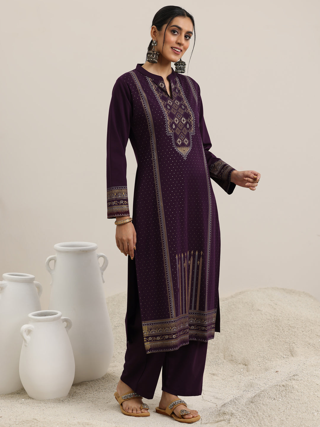 Burgundy Woven Design Wool Blend Straight Suit With Dupatta