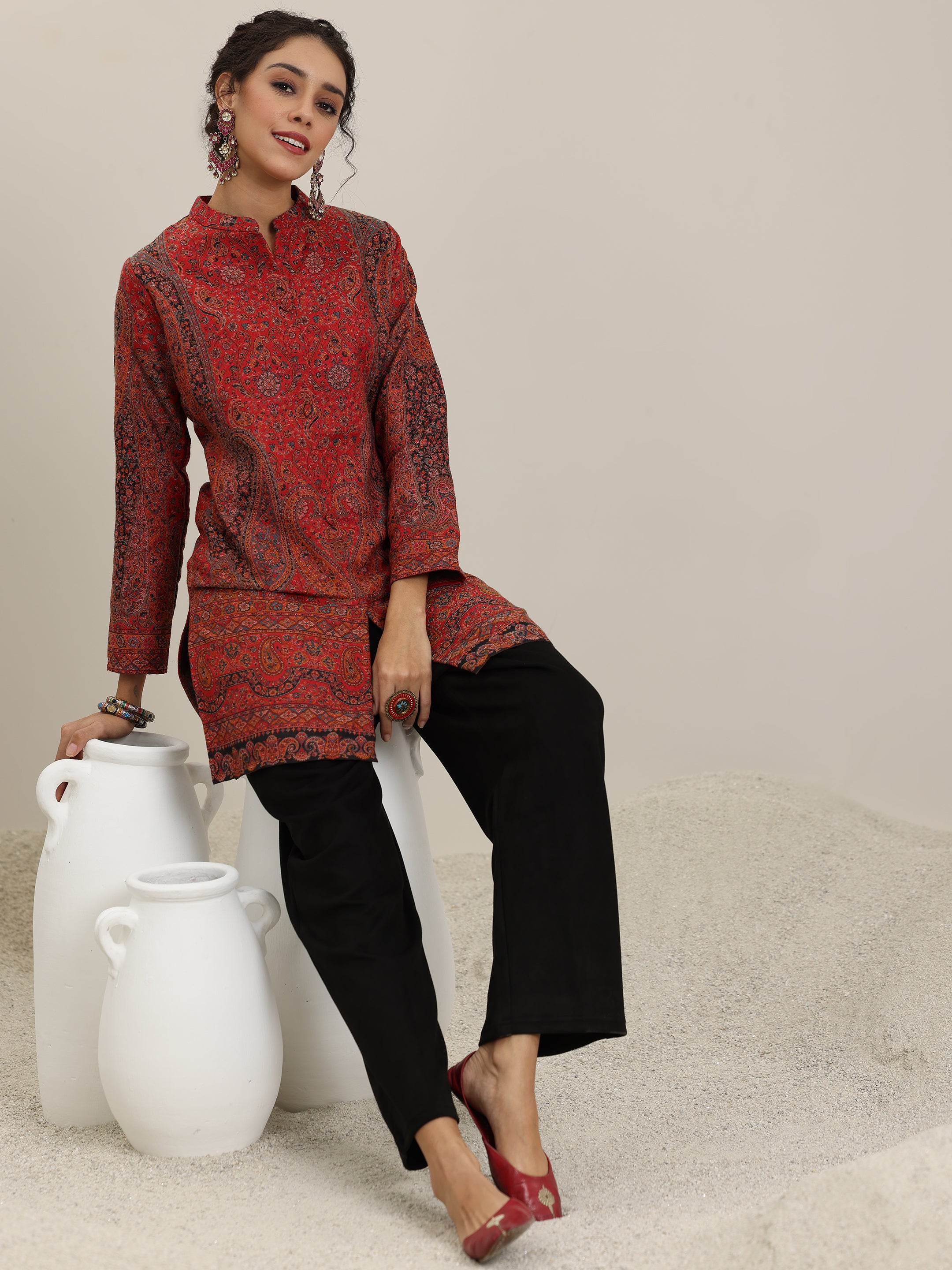Buy Multi Woven Design Wool Blend Straight Kurta With Palazzos