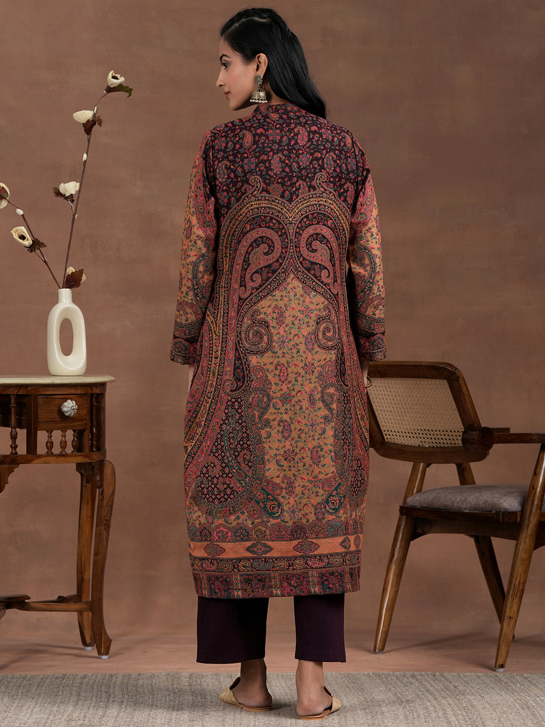 Wine Solid Wool Blend Straight Kurta With Palazzos