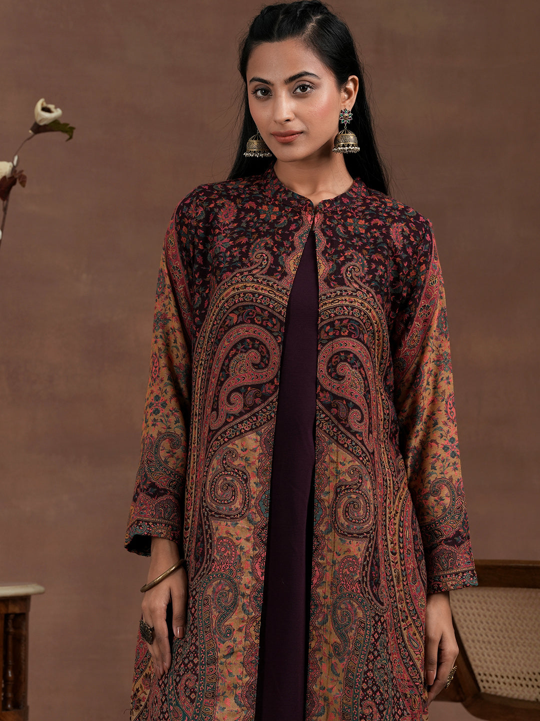 Wine Solid Wool Blend Straight Kurta With Palazzos