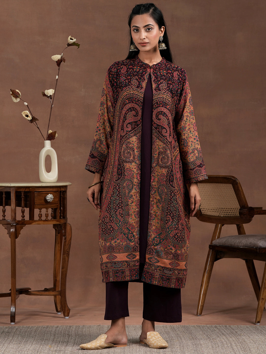 Wine Solid Wool Blend Straight Kurta With Palazzos