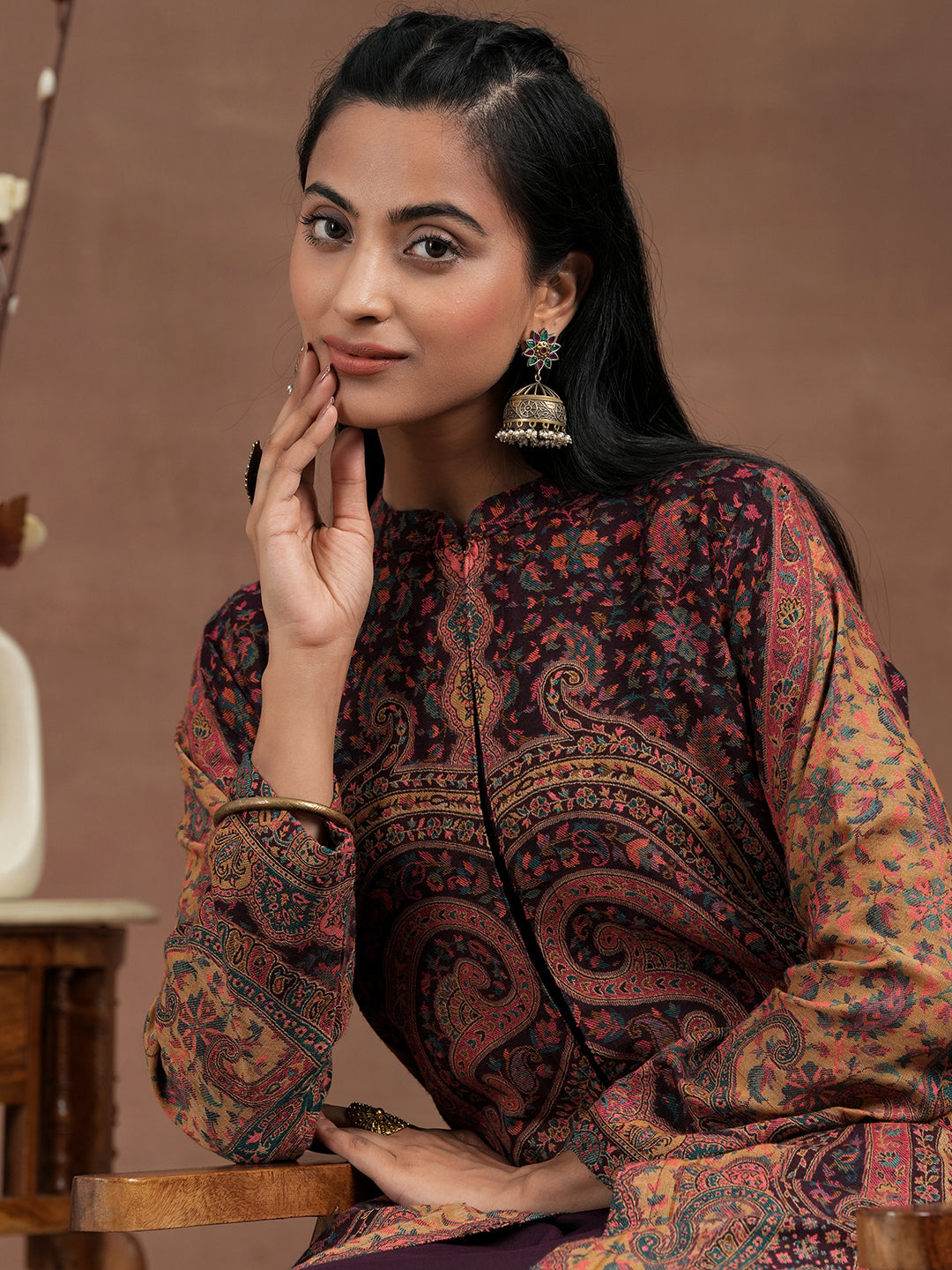 Wine Solid Wool Blend Straight Kurta With Palazzos