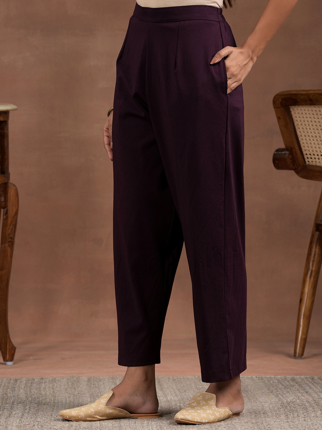 Wine Solid Wool Blend Straight Kurta With Palazzos