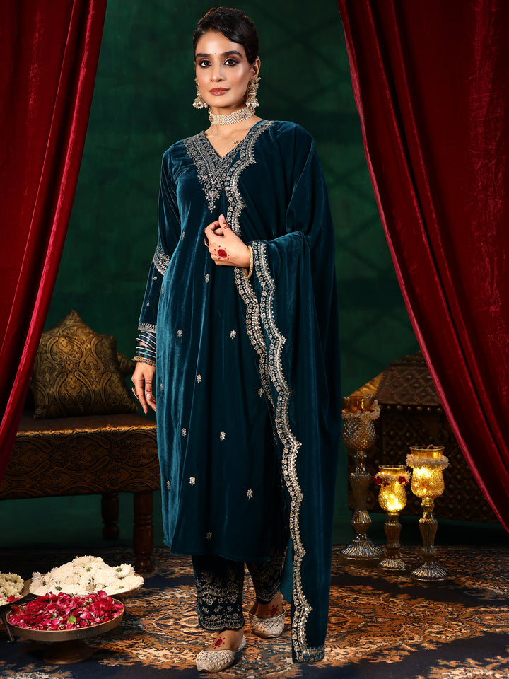 Teal Blue Embroidered Velvet Straight Suit With Dupatta