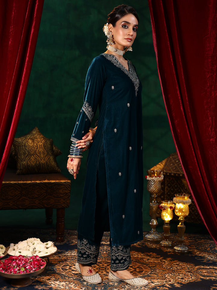 Teal Blue Embroidered Velvet Straight Suit With Dupatta