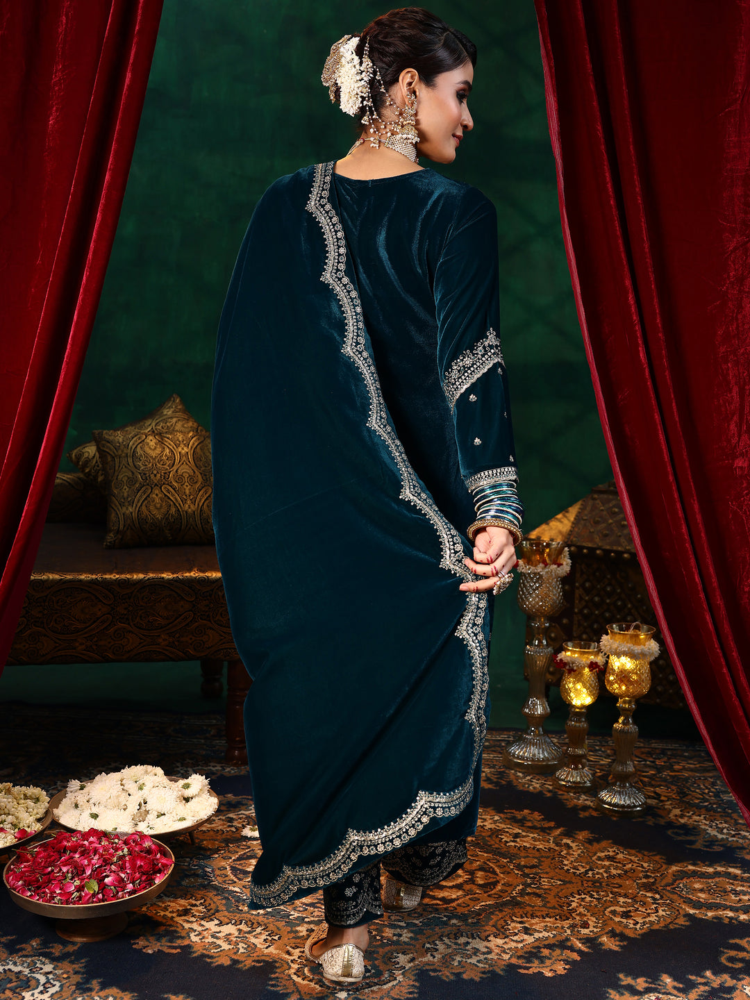 Teal Blue Embroidered Velvet Straight Suit With Dupatta