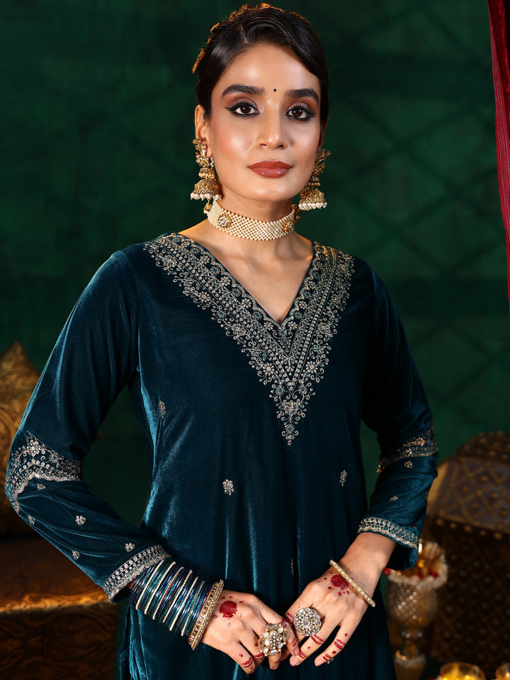 Teal Blue Embroidered Velvet Straight Suit With Dupatta