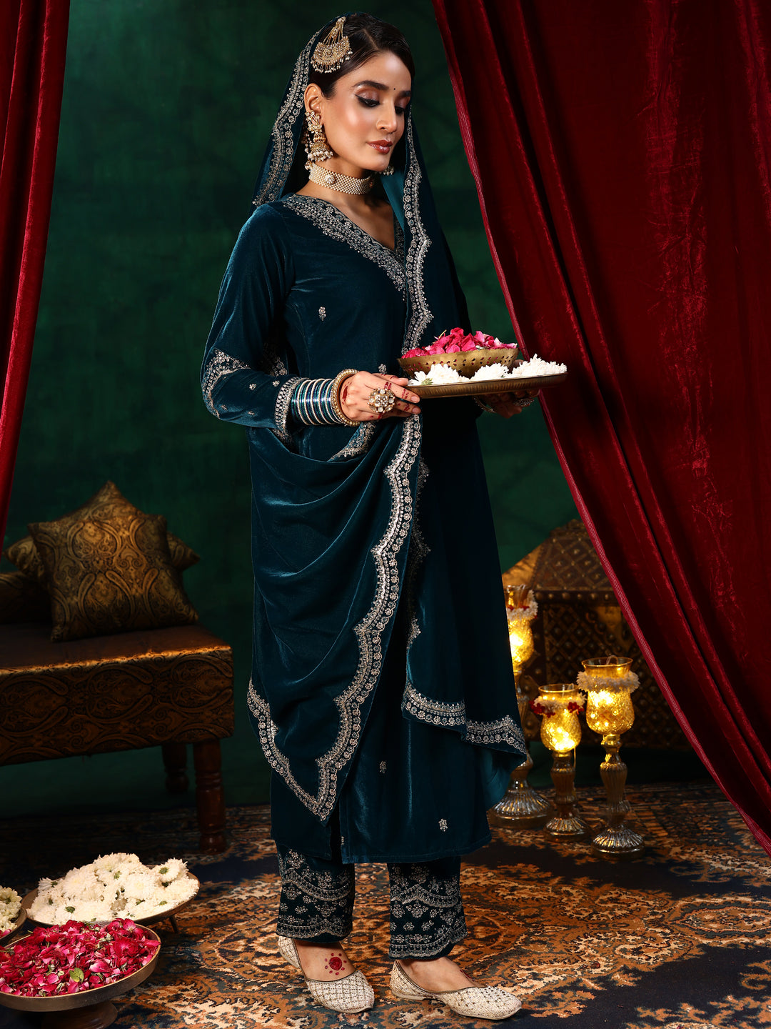 Teal Blue Embroidered Velvet Straight Suit With Dupatta