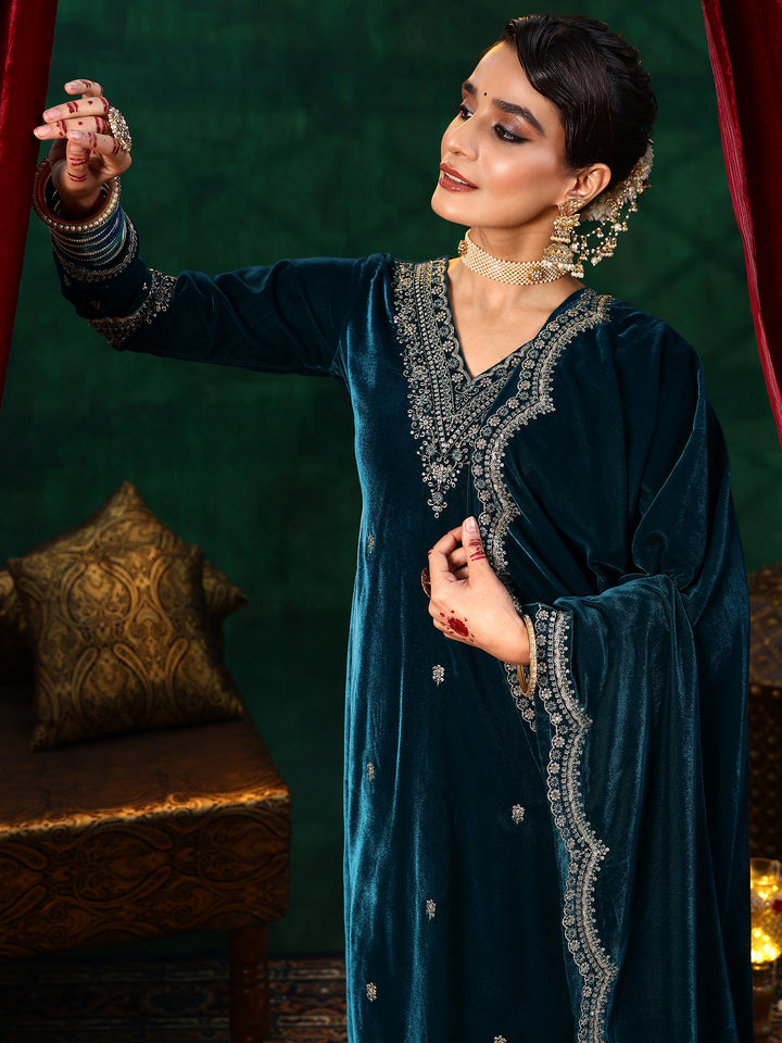 Teal Blue Embroidered Velvet Straight Suit With Dupatta