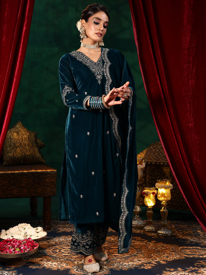 Teal Blue Embroidered Velvet Straight Suit With Dupatta