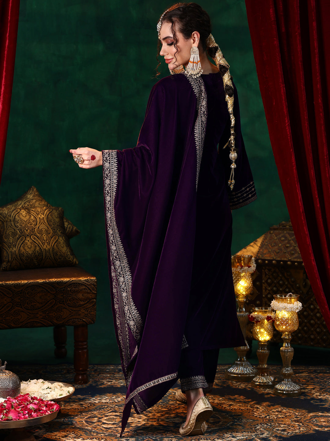 Burgundy Embroidered Velvet Straight Suit With Dupatta