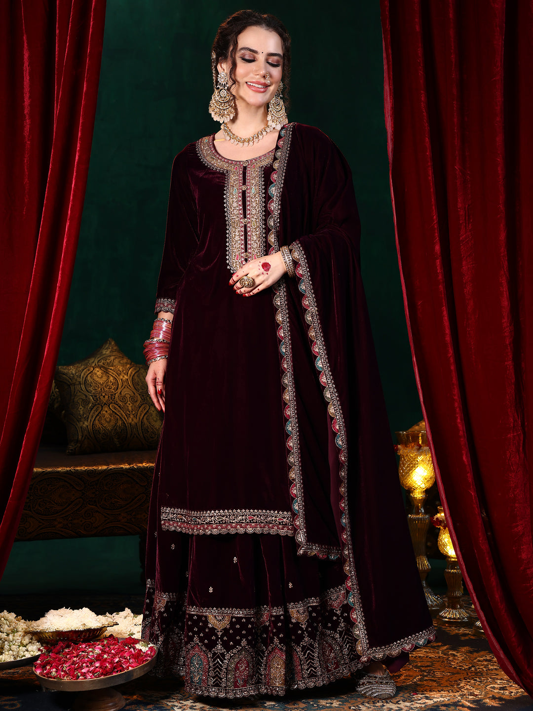 Burgundy Embroidered Velvet Straight Suit With Dupatta