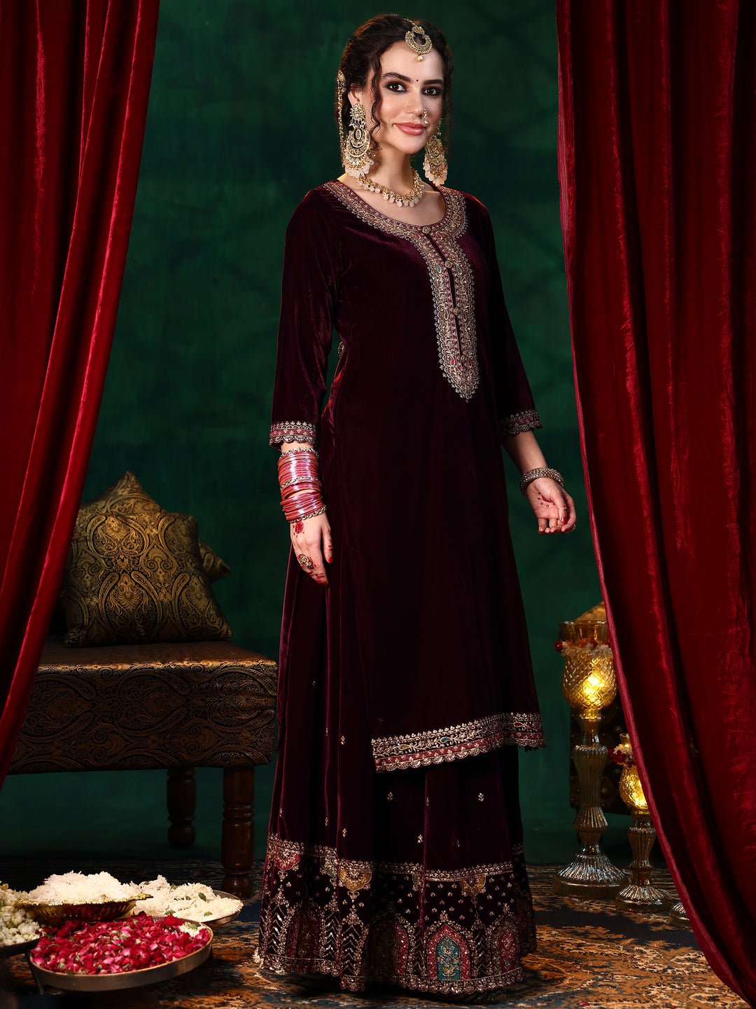 Burgundy Embroidered Velvet Straight Suit With Dupatta
