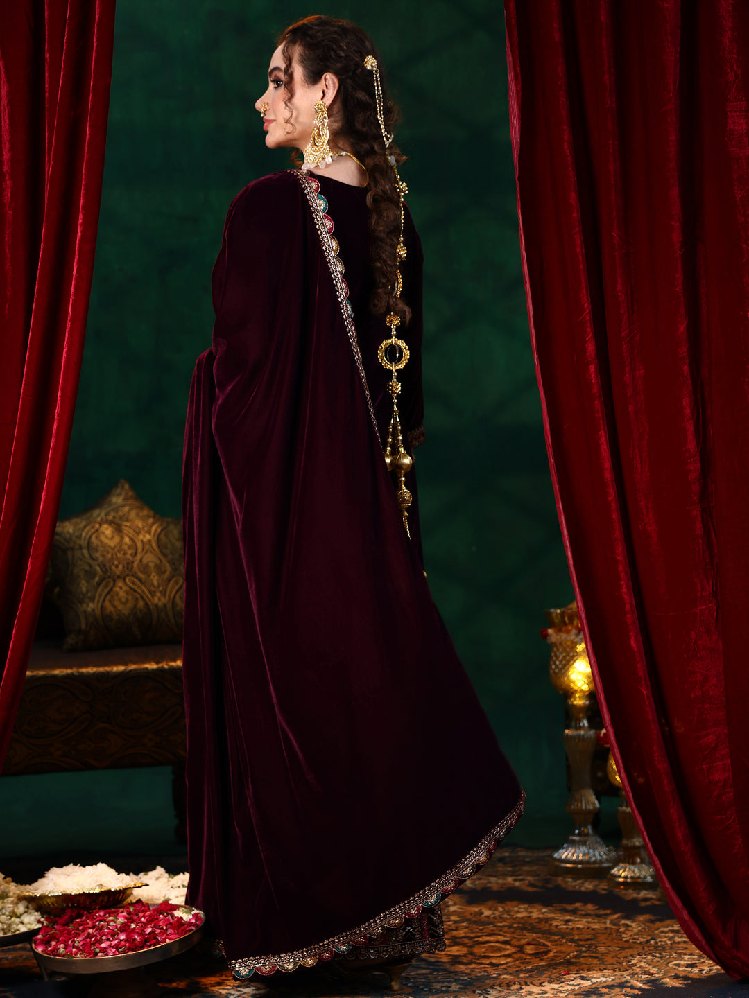 Burgundy Embroidered Velvet Straight Suit With Dupatta