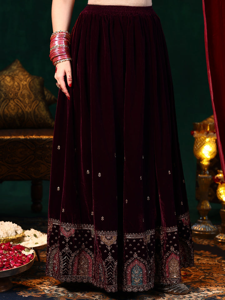 Burgundy Embroidered Velvet Straight Suit With Dupatta