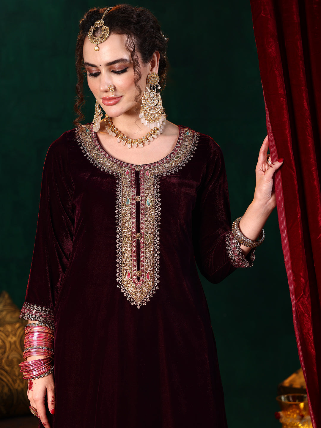 Burgundy Embroidered Velvet Straight Suit With Dupatta
