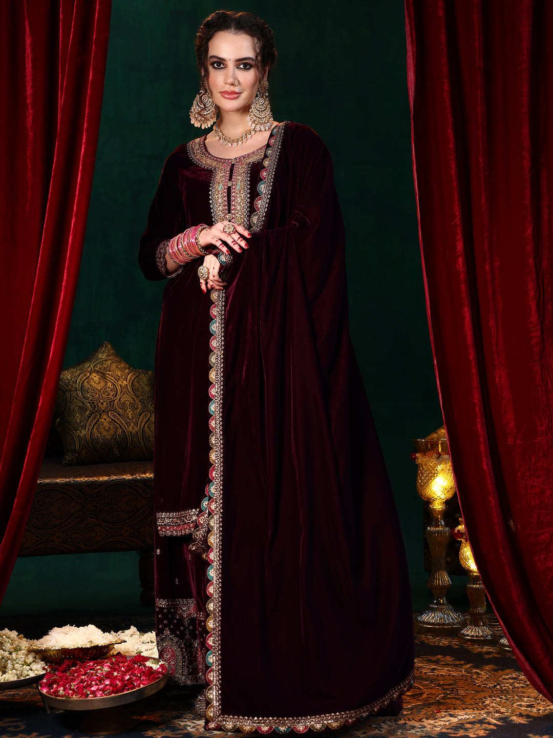 Burgundy Embroidered Velvet Straight Suit With Dupatta