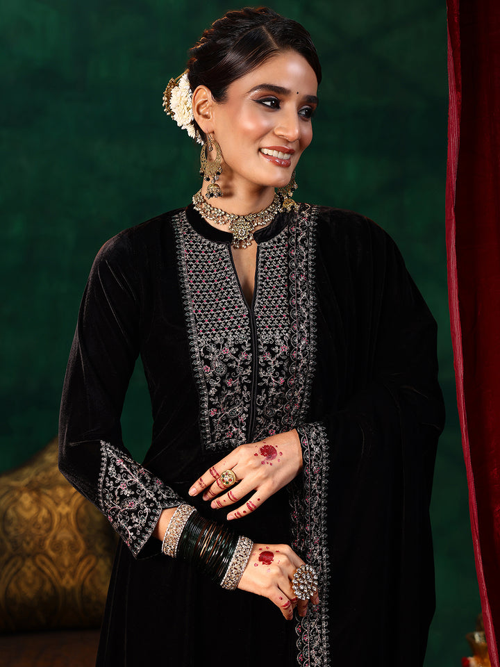 Black Yoke Design Velvet Straight Suit With Dupatta