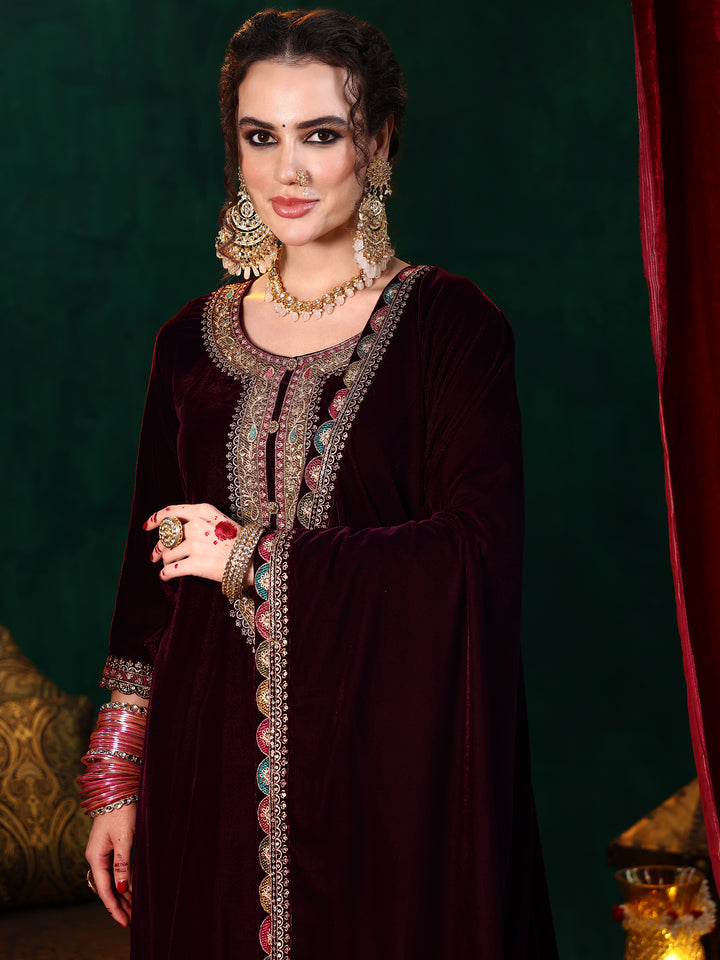 Burgundy Embroidered Velvet Straight Suit With Dupatta