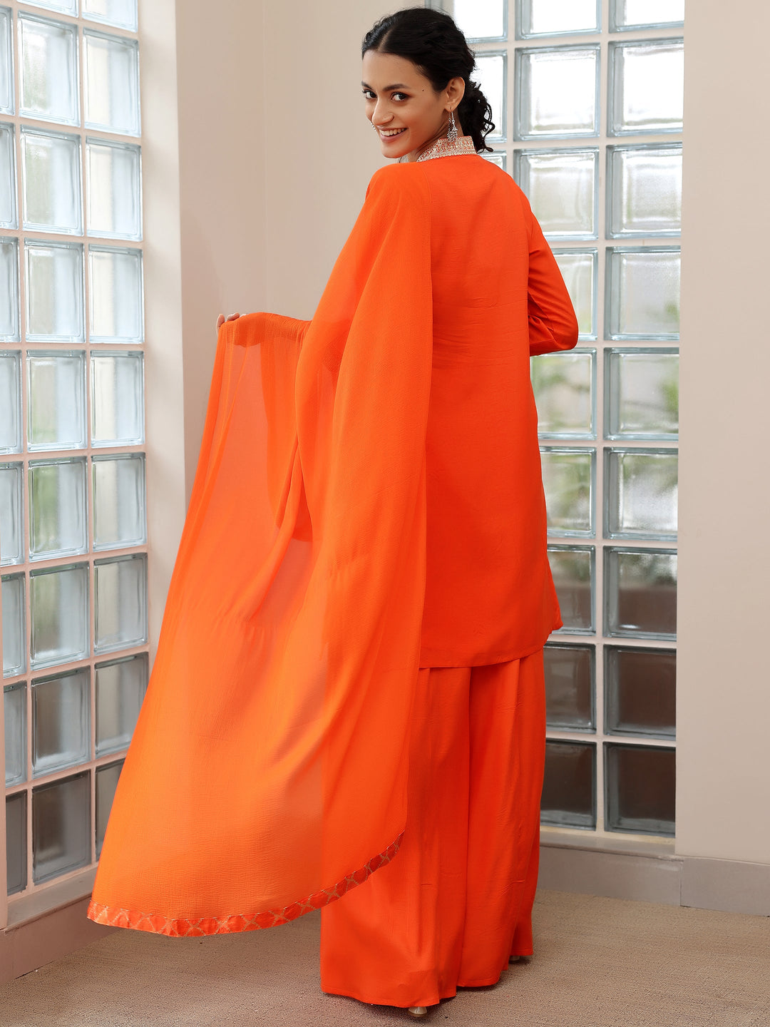 Orange Woven Design Silk Blend Straight Suit With Dupatta