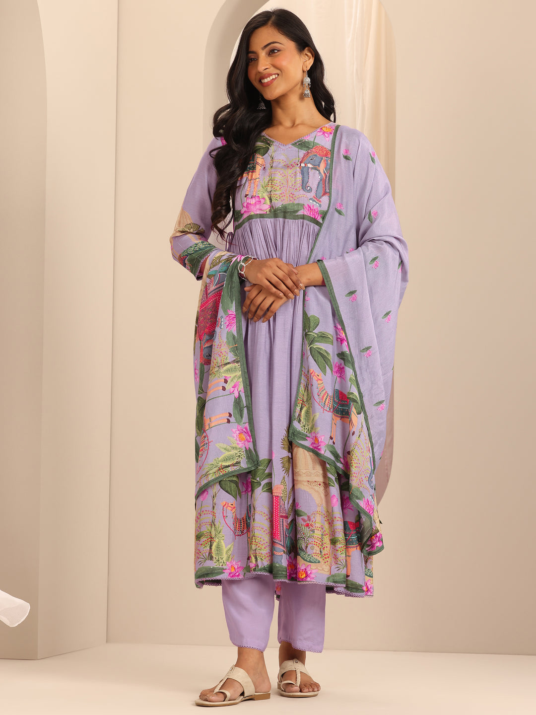 Libas Art Lilac Printed Muslin Anarkali Suit With Dupatta