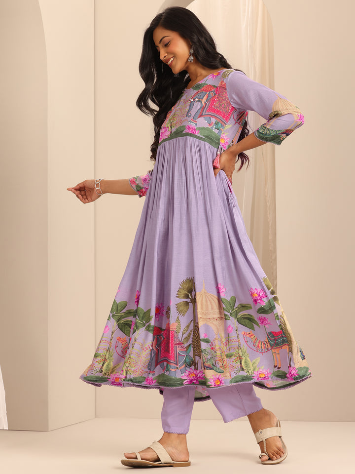 Libas Art Lilac Printed Muslin Anarkali Suit With Dupatta