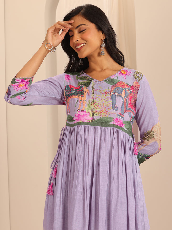 Libas Art Lilac Printed Muslin Anarkali Suit With Dupatta