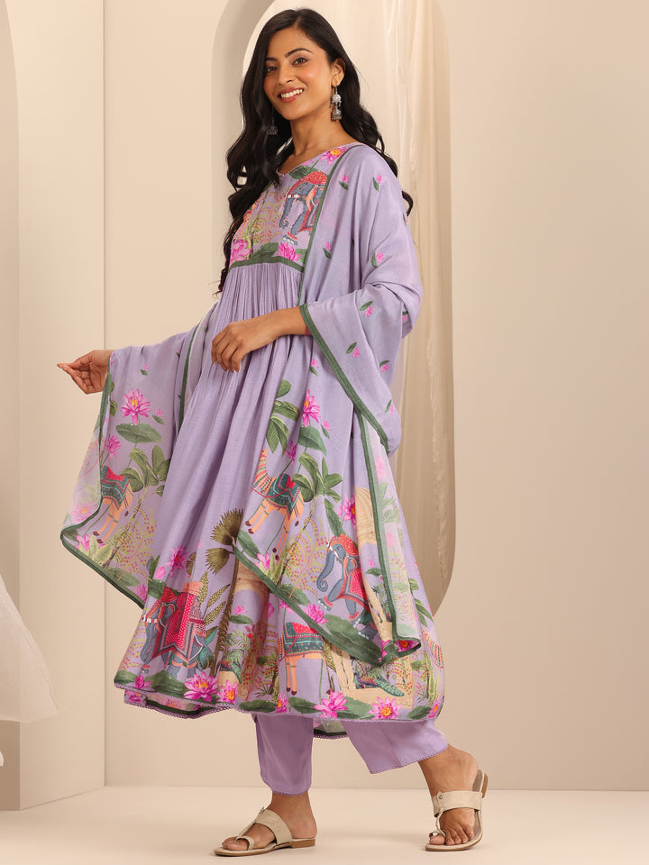 Libas Art Lilac Printed Muslin Anarkali Suit With Dupatta