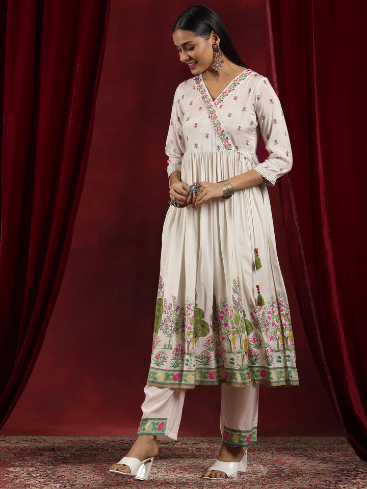 Libas Art Off White Printed Muslin Anarkali Suit With Dupatta