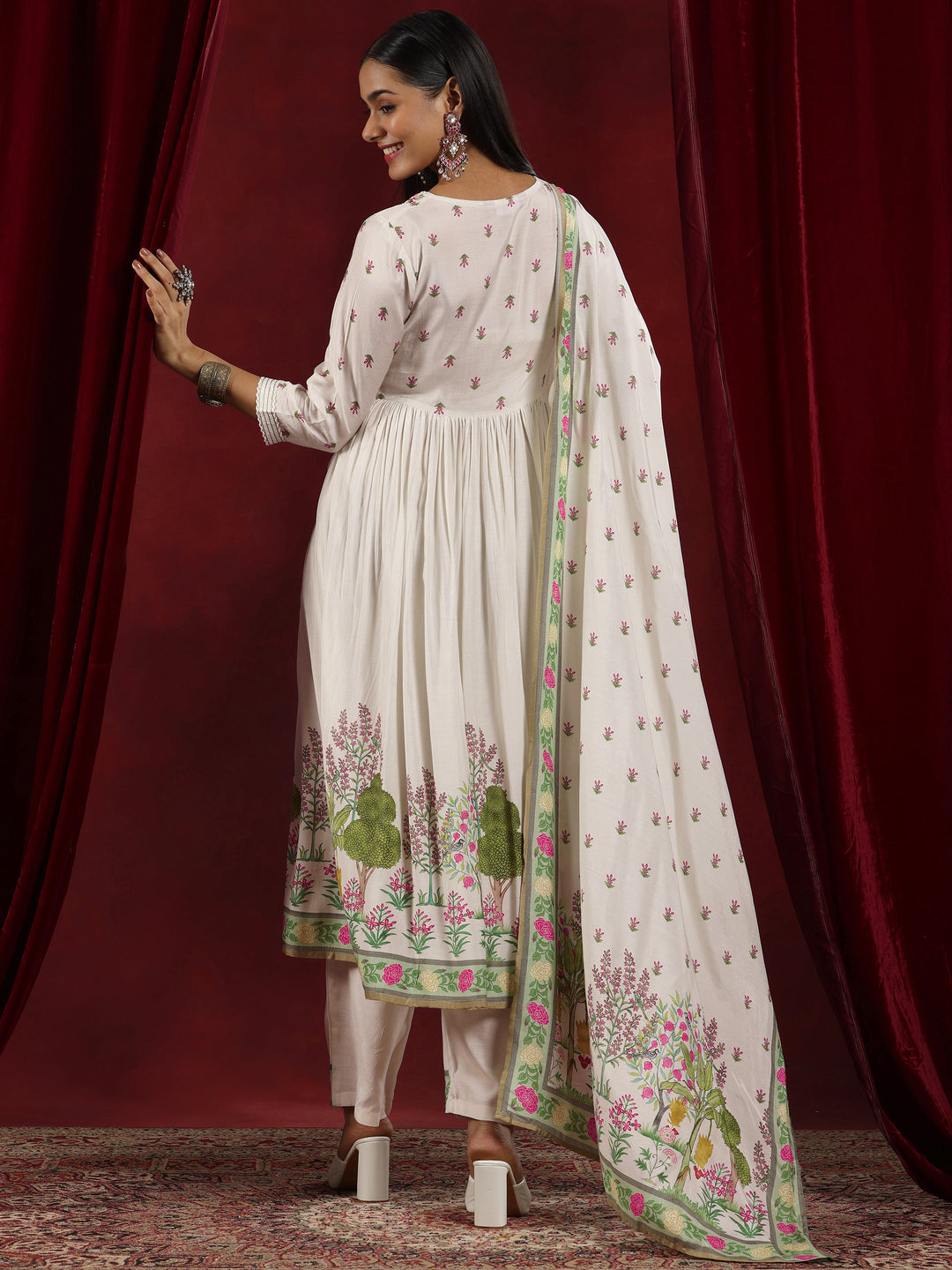 Libas Art Off White Printed Muslin Anarkali Suit With Dupatta