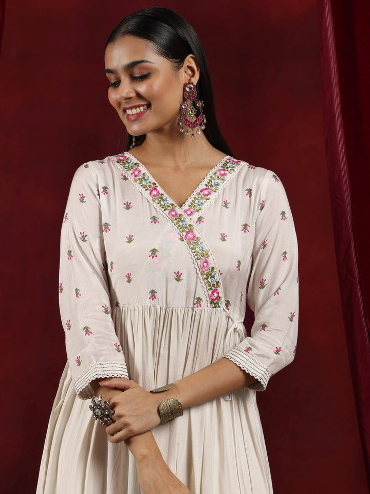 Libas Art Off White Printed Muslin Anarkali Suit With Dupatta
