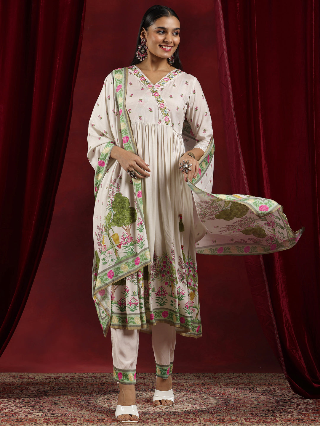 Libas Art Off White Printed Muslin Anarkali Suit With Dupatta