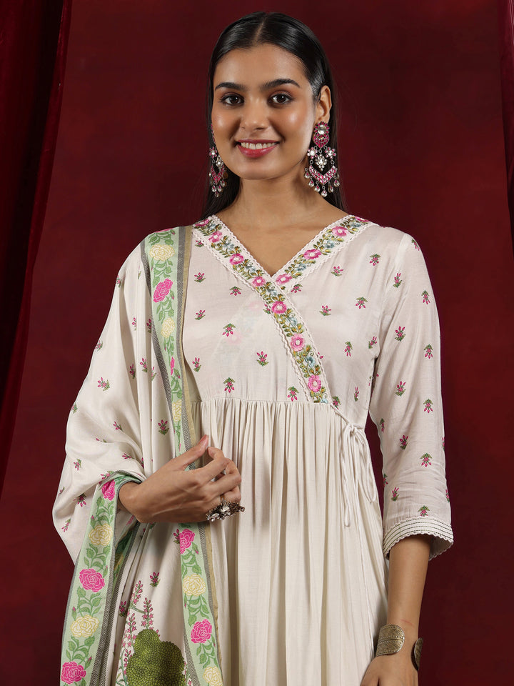 Libas Art Off White Printed Muslin Anarkali Suit With Dupatta