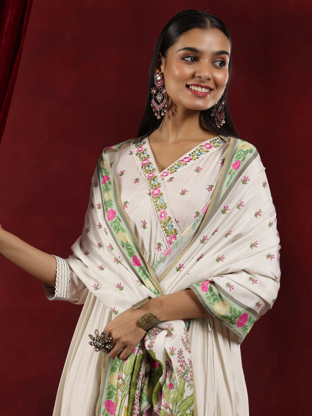 Libas Art Off White Printed Muslin Anarkali Suit With Dupatta