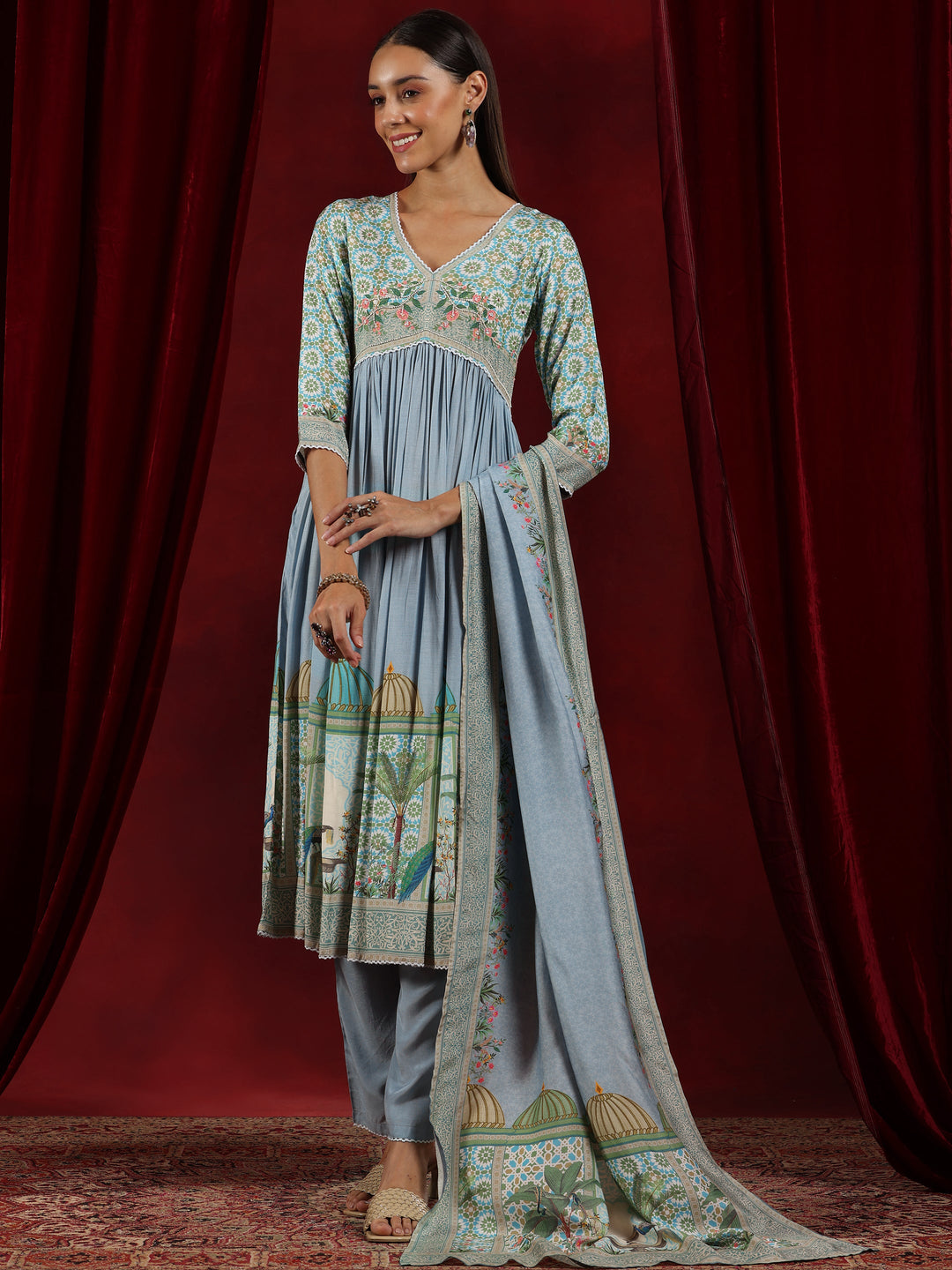 Libas Art Blue Printed Muslin Anarkali Suit With Dupatta