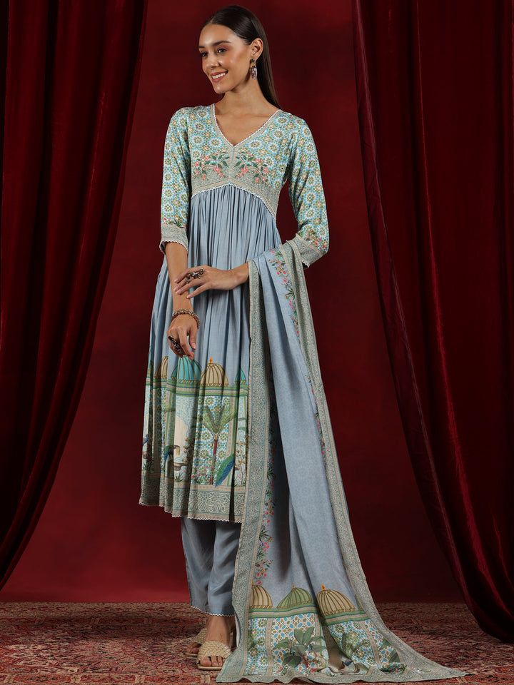 Libas Art Blue Printed Muslin Anarkali Suit With Dupatta
