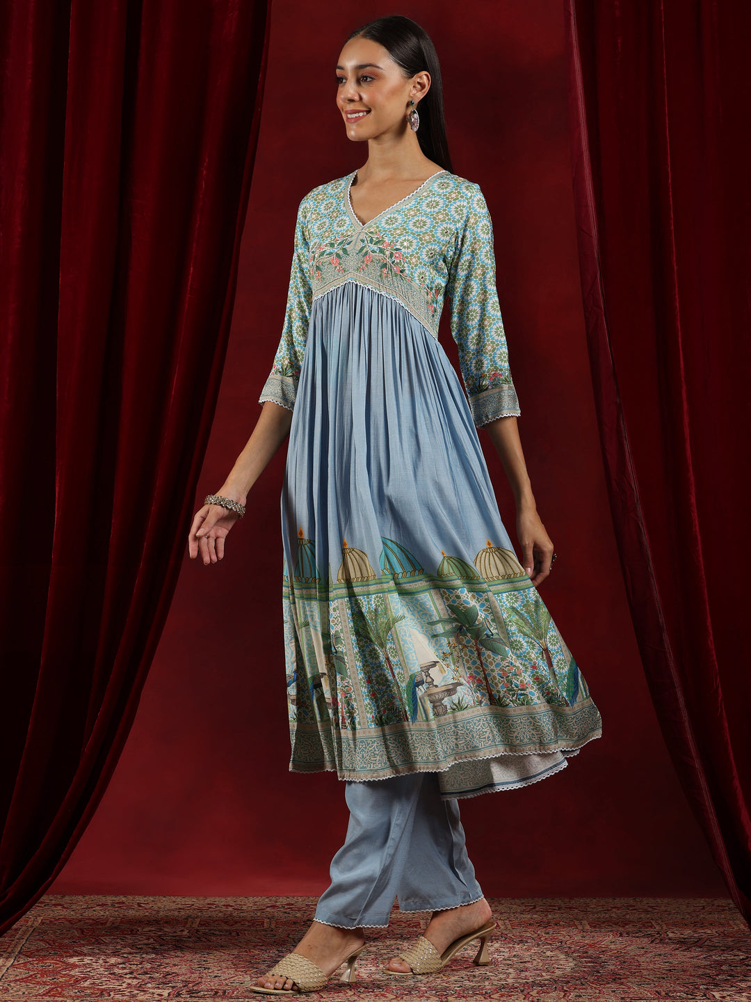 Libas Art Blue Printed Muslin Anarkali Suit With Dupatta