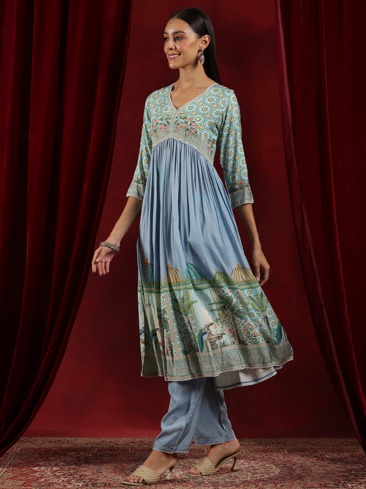 Libas Art Blue Printed Muslin Anarkali Suit With Dupatta