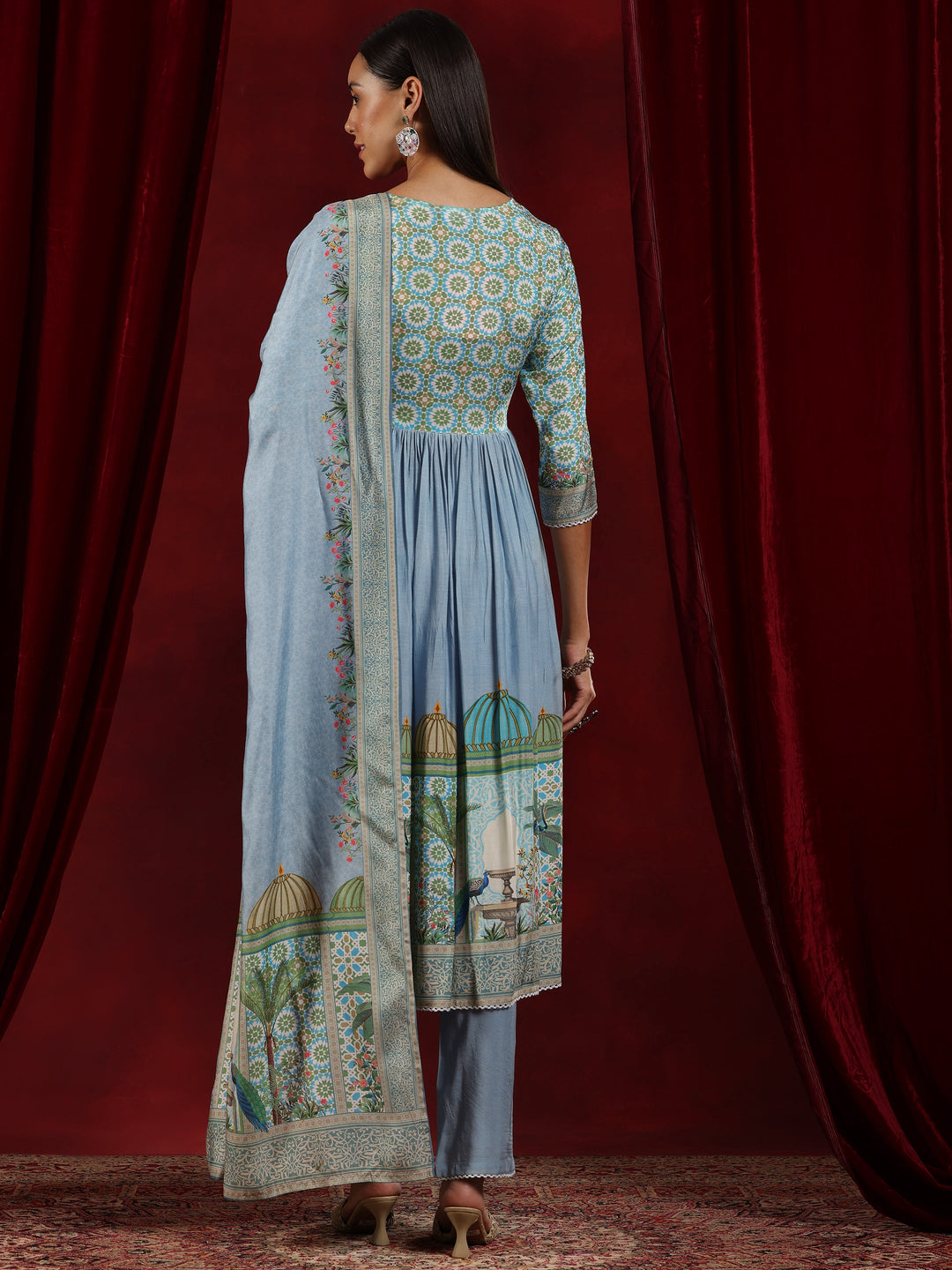 Libas Art Blue Printed Muslin Anarkali Suit With Dupatta