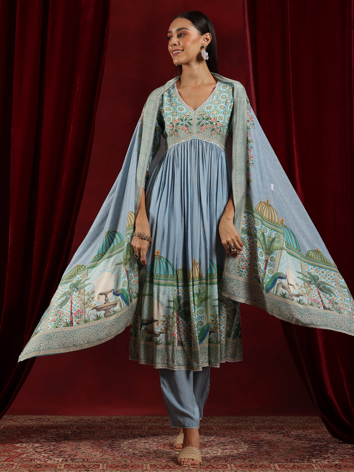 Libas Art Blue Printed Muslin Anarkali Suit With Dupatta