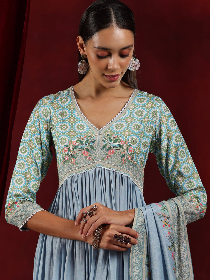 Libas Art Blue Printed Muslin Anarkali Suit With Dupatta