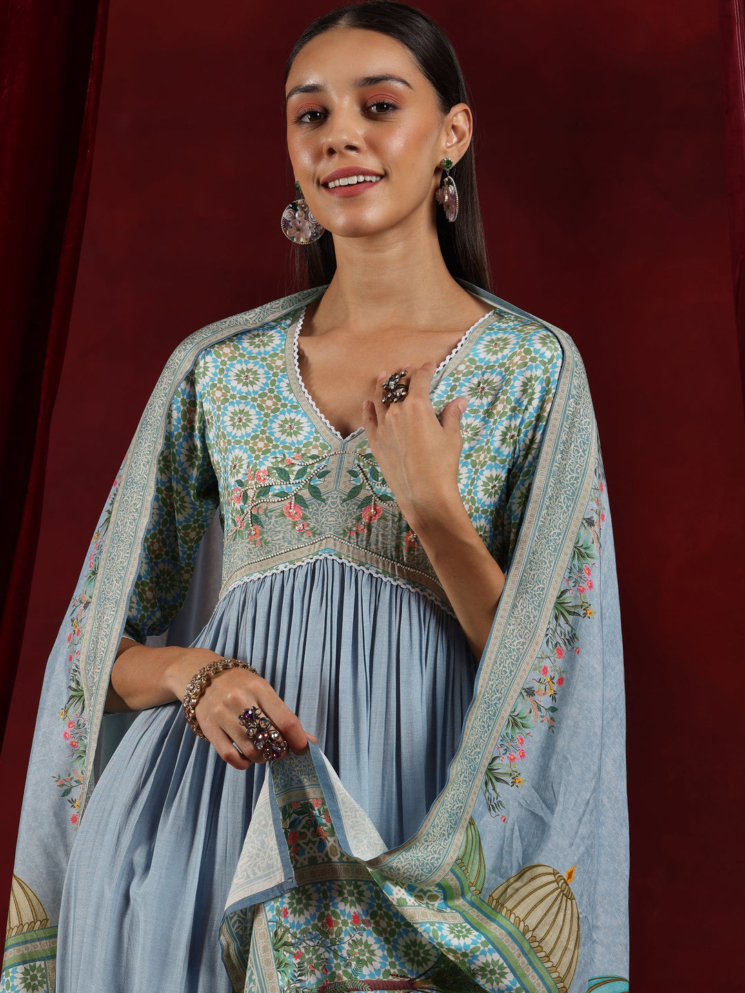 Libas Art Blue Printed Muslin Anarkali Suit With Dupatta