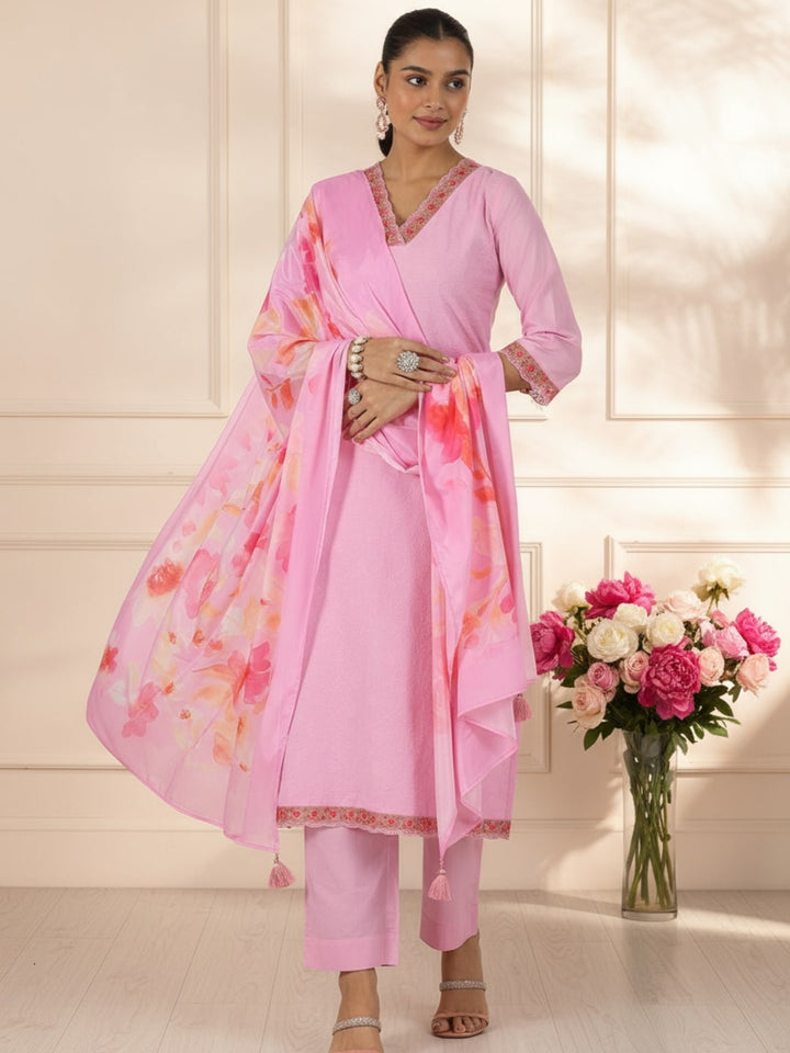 Pink Embroidered Cotton Straight Suit With Dupatta